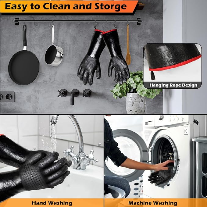 BBQ Gloves - 1472°F Thicken Heat Resistant Gloves w/S-Hook 14 in Kitchen Oven Mitts Waterproof Grill Glove Oil Resistant Grilling Glove Cooking Gloves for Turkey Fryer/Baking/Oven/Smoker
