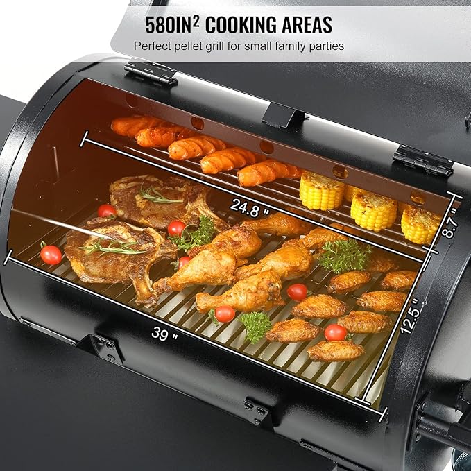 VEVOR Smoker Grill, Portable Wood Pellet Grill with Cart, 500°F Max Temperature, 580 SQ.IN Cook Area, 8 IN 1 BBQ Grill with PID Temperature Control & Meat Probe for Outdoor Cooking, Camping, Backyard