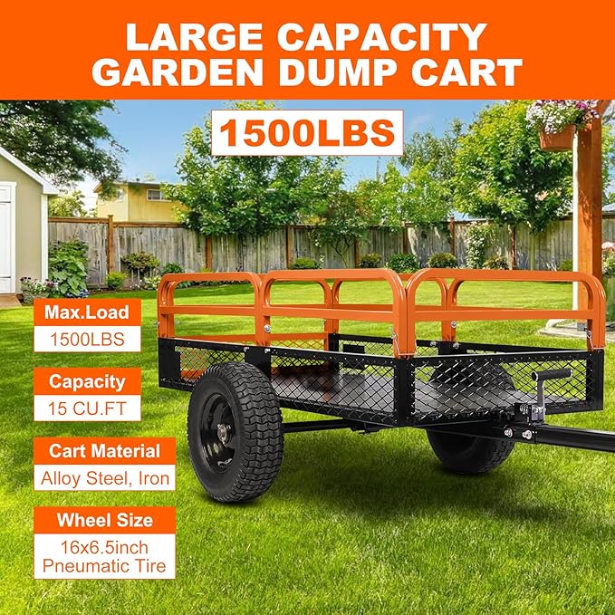 1500LB Steel Dump Cart with All-Terrain Tires & Foot-Pedal Dumping, Heavy Duty Utility Trailer for Yard, Garden, and Construction Use, Compatible with ATV and Tractor