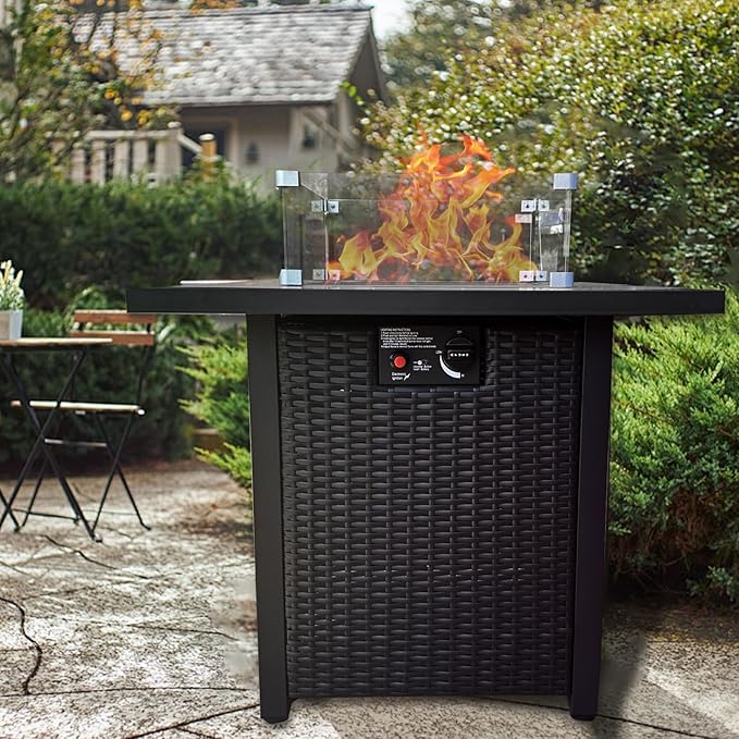 Fire Pit Table 28" Wicker &Rattan Square Propane Outdoor Fire Pit with Lid, Glass Wind Guard, CSA Listed, 50,000BTU, Gas Fire Pit Table for Patio Garden Backyard Deck (Black)