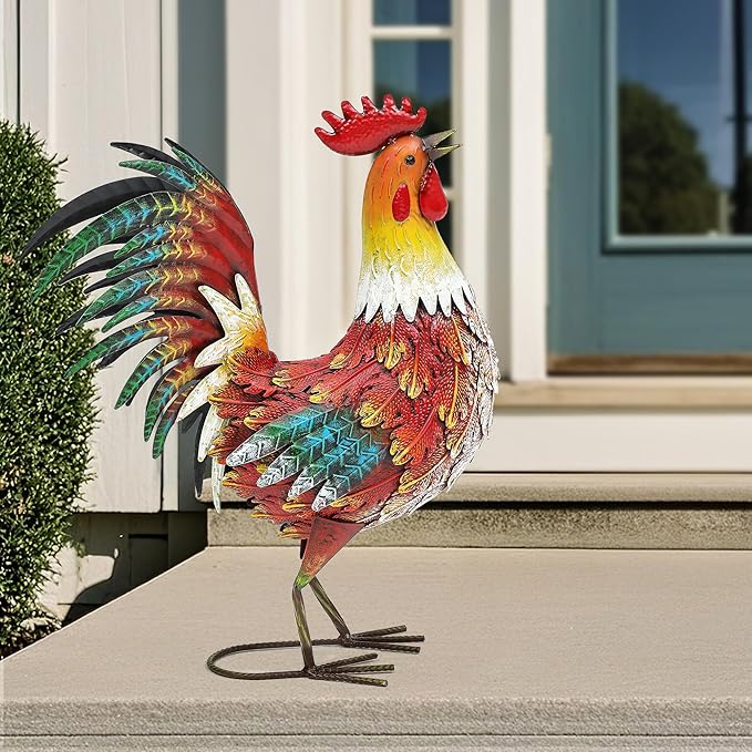 Ultym 21in Metal Rooster Yard Decor, Outdoor Garden Statues, Metal Chicken Sculpture for Backyard Garden Patio Kitchen Décor