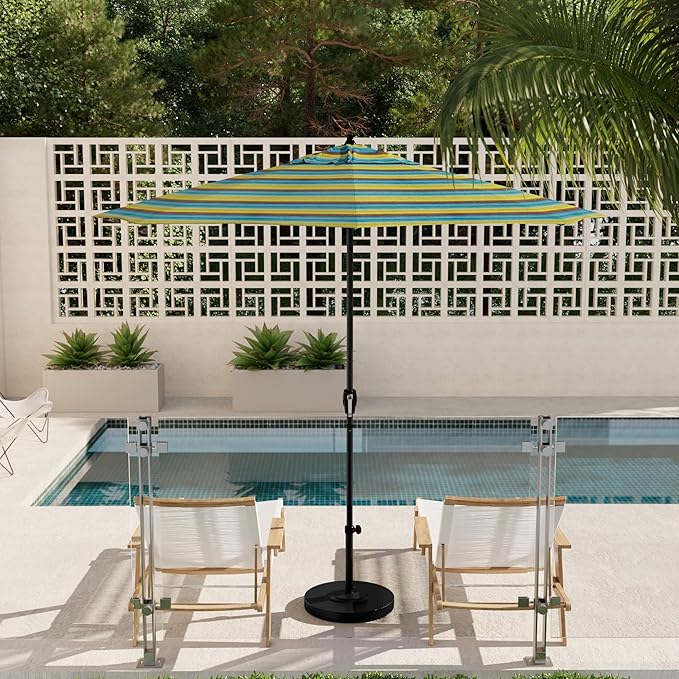 California Umbrella 9' Rd Aluminum Patio Umbrella, Crank Lift, Auto Tilt, Black Finish, Sunbrella Astoria Lagoon
