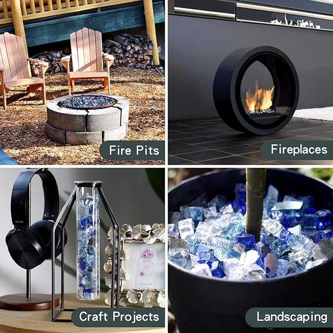 Onlyfire 10 Pounds Blended Reflective Fire Glass for Fire Pit Fireplace and Landscaping, 1/4 Inch Mixed Colored High Luster Fireglass Rocks for Outdoor ＆ Indoor Use - Aqua Blue+Platinum+Cobalt Blue