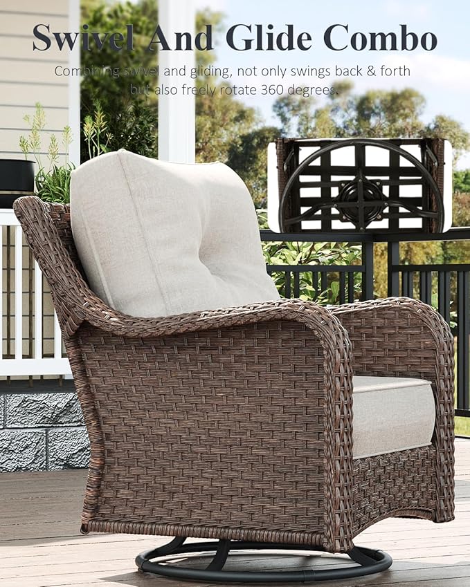 LayinSun 9 Piece Wicker Outdoor Furniture Set with 6-inch Comfy Cushions, High Back Patio Furniture Set with Swivel Rocking Chairs and Side Table