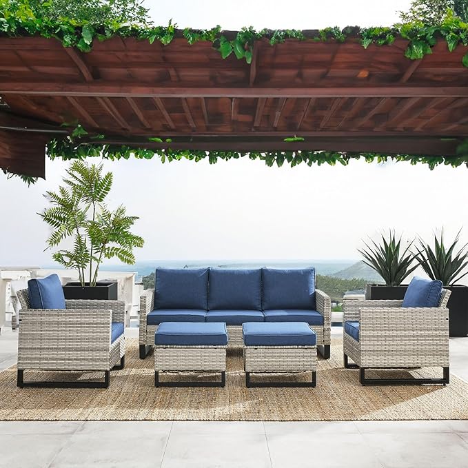 HUMMUH 5 Piece Patio Furniture All Weather Wicker Outdoor Sectional Sofa,High Back Patio Chairs,Coffee Table and Ottomans Set for Porch,Garden,Backyard