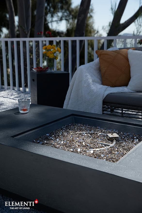Elementi+ | Monte Carlo Gas Fire Pit Cast Concrete 60" Rectangular Fire Table, Outdoor Fire Pit Electronic Ignition | Canvas Cover, Fire Glass and Burner Lid Included | Light Gray | Propane Gas