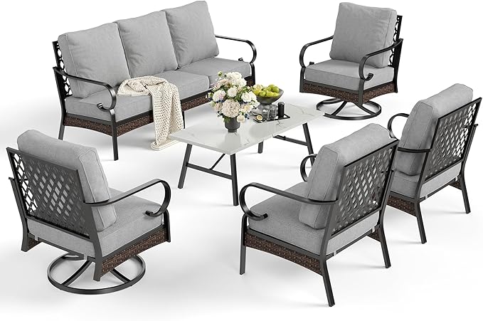 SUNSHINE VALLEY 6-Piece Metal Outdoor Patio Furniture Set - Black & Light Gray with 1 3-Seater Sofa, 2 Fixed & 2 Swivel Sofas, Coffee Table