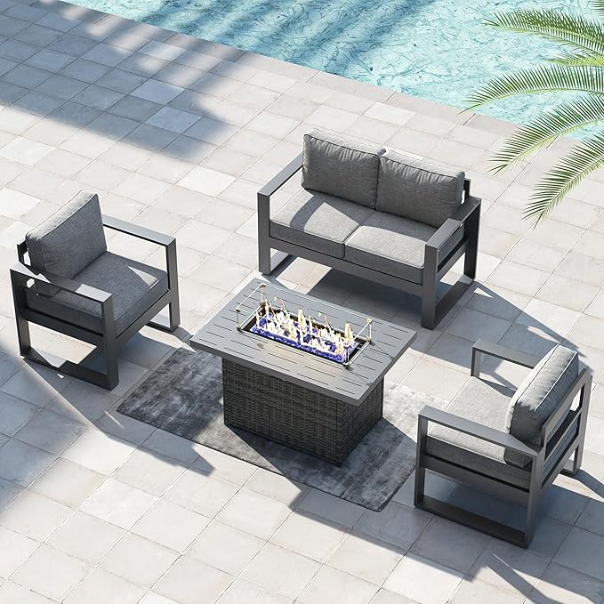 LayinSun 4 Pieces Aluminum Outdoor Patio Furniture Set, Metal Modern Conversation Sofa Set with Fire Pit Table and Washable Thick Cushions for Porch, Backyard, Deck