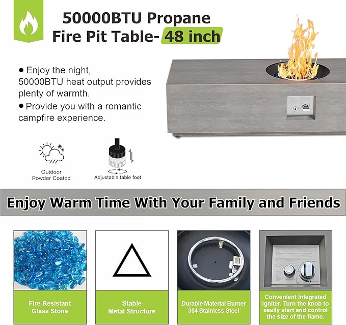 Dineli Propane Fire Pit Table Outdoor Gas Firepit, Fire Pits & Outdoor Fireplaces 48" Rectangular Patio Firepit Table for Outside Camping Gatherings, 50,000 BTU, Gray, Standard