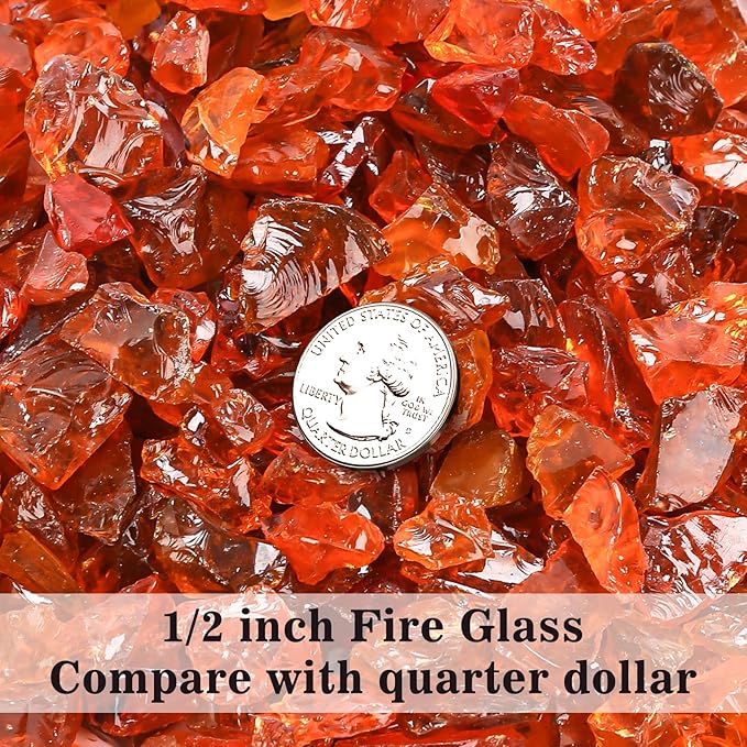 GRISUN Orange Red Fire Glass for Fire Pit - 1/2 Inch Tempered Glass Rocks for Natural or Propane Fireplace, Safe for Outdoors and Indoors Firepit Glass, 10 Pounds