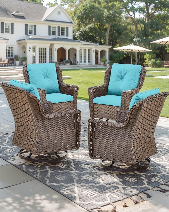 Patio Chairs Outdoor Swivel Glider - Set of 4 High Back Outside Brown Wicker Rattan Rocking Chair with Thick Cushion for Porch Apartment Deck Yard Poolside Garden - Turqoise