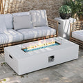 UPHA 56-inch Outdoor Propane Gas Fire Pit Table 50000 BTU Iron Rectangle Firepit for Outside Patio with Tank Hidden Table, Wind Guard, Removable Lid, Blue Glass Rocks, Rain Cover, White