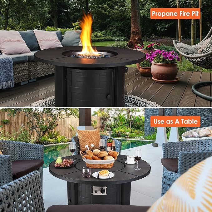 TLGREEN Propane Fire Pit Table 42in, 50,000 BTU Auto-Ignition Round Gas Fire Pits for Outside Patio, Fire Table with Waterproof Cover, Blue Stone and Lid