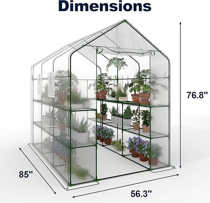 Greenhouse, 57 x 85 x 77'' Greenhouses for Outdoors, with Mesh Side Windows, PE Cover, 8 Shelves, Heavy Duty Walk in Green House for Backyard Garden Indoor, White& Green Outside
