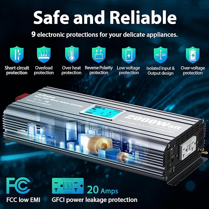 2000 Watt Inverter Pure Sine Wave with UL Listed GFCI Outlets Power Inverter 12V DC to 120V AC FCC Approved Remote with Battery Level Monitor for Off Grid Solar Setup RVs Campers