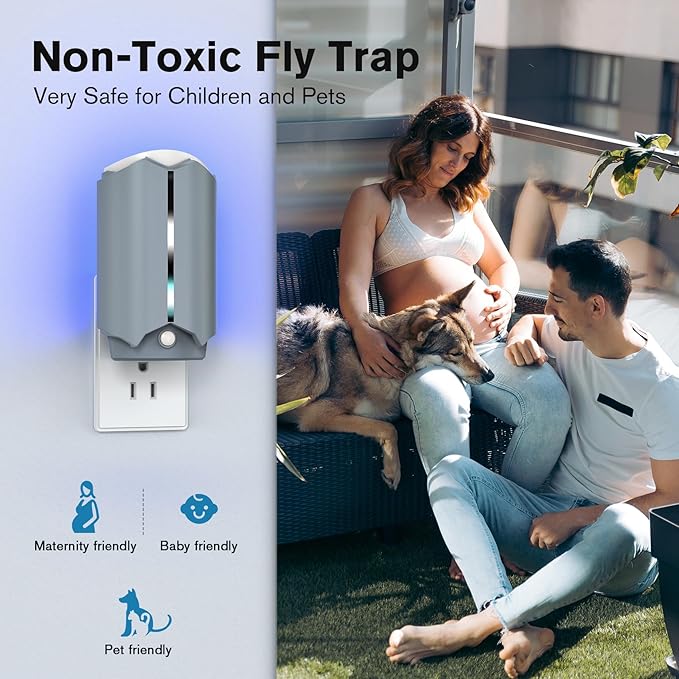 Indoor Fly Trap with UV Light, 2 Plug-in Flying Insect Traps and 6 Sticky Refills, Safe & Quiet Bug Catcher for Fruit Flies, Gnats, Mosquitoes, Moths & Small Insects