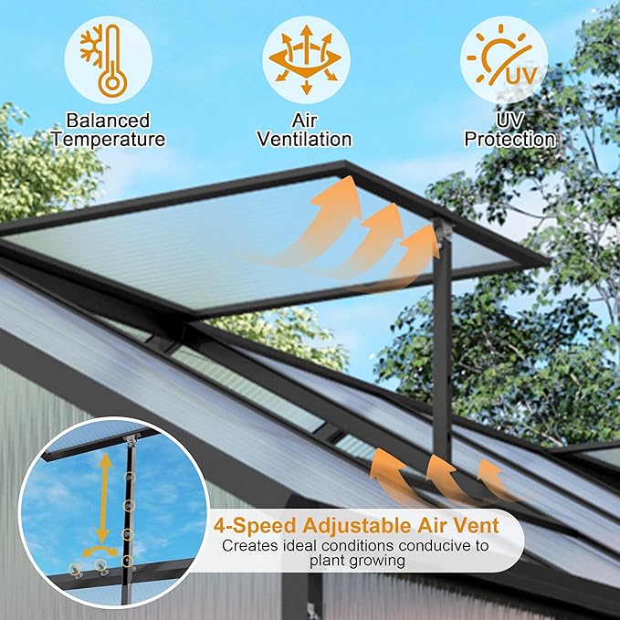 KEIKI Aluminum 6x14 FT Walk-in Polycarbonate Greenhouse, Outdoor Gardening Greenhouse with Raised Base, Roof Vent & Weather-Resistant Panels, Black