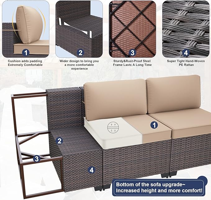 Kurapika 13 Pieces Patio Furniture Set, Rattan Wicker Outdoor Conversation Sets w/43in Propane Fire Pit Table and 4 Inch Cushion(Sand)