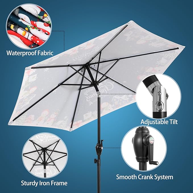 7.5FT Christmas Patio Umbrella, Outdoor Table Umbrella with Push Button Tilt and Crank, Market Umbrella with 6 Steel Ribs, Dark Teal