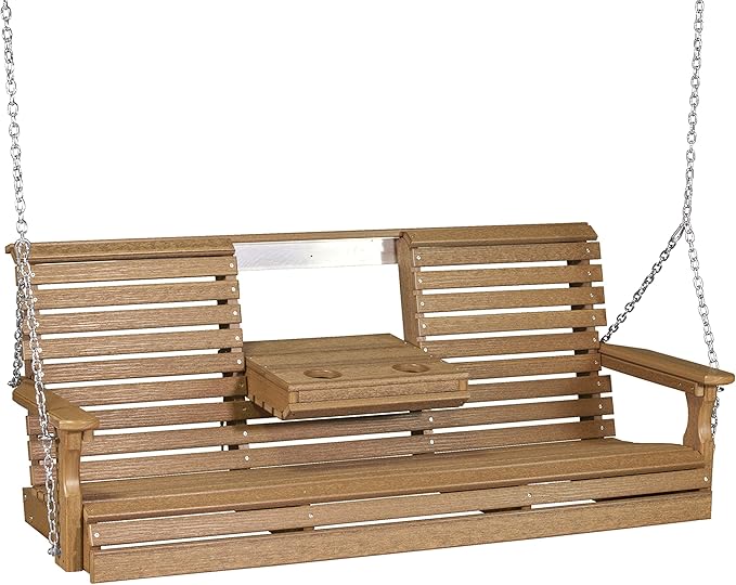 LuxCraft 5' Poly Rollback Plain Porch Swing with Flip Down Center Console, Made with Recycled Plastics - Made in USA (Antique Mahogany)