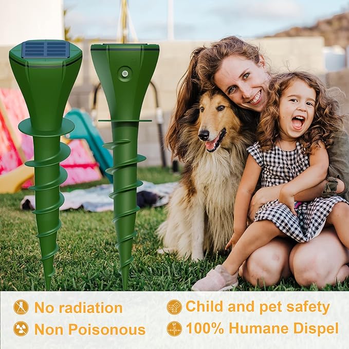 Mole Repeller Solar Ultrasonic 4 Pack, IP65 Waterproof Tested Champion Against Moles and Snakes in Gardens Animal-Friendly Rodent Repeller Keeps Snakes Out of Your Yard