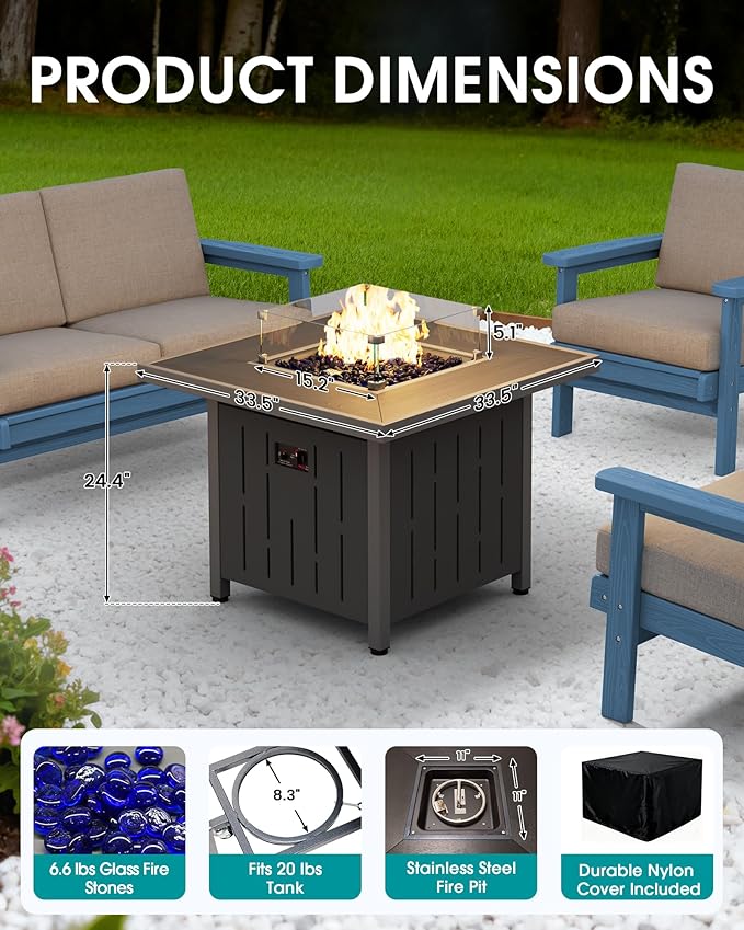 SERWALL Patio Furniture Set with 33” Fire Pit Table, HDPE Outdoor Sectional Sofa Set with Thickened Cushions, Black Frame with Grey Cushions