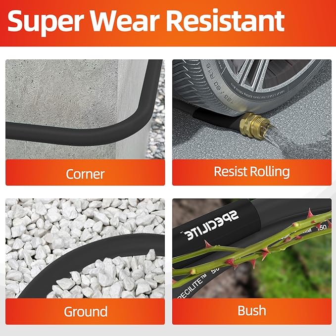 SPECILITE Garden Water Hose 200 ft x 5/8 in Heavy Duty, Flexible and Lightweight, Burst 600 psi, Kink-less Hybrid Rubber Pipe for Backyard, 3/4'' Brass Fittings, Black
