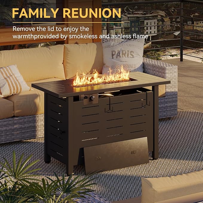 Aoxun 40 Inch Outdoor Propane Fire Pit - 50,000 BTU Gas Fire Pit Table with Lava Rocks, Patio Heater Rectangle Fire Table with Removable Lid & Waterproof Cover for Deck, Backyard, Garden, Black