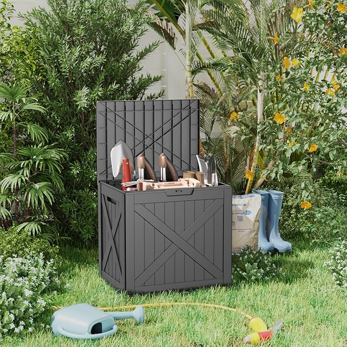 Vixzen 32 Gallon Outdoor Deck Box,Lockable Resin Waterproof Storage Box,UV Resistant,Weather Resistance,Outside Storage Bin for Gardening Tools,Pool Supplies,Black