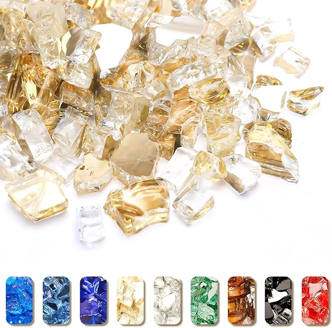 GRISUN Gold Fire Glass for Fire Pit, 20 Pounds 1/2 Inch High Luster Reflective Tempered Glass Rocks for Natural or Propane Fireplace, Safe for Outdoors and Indoors Firepit Glass