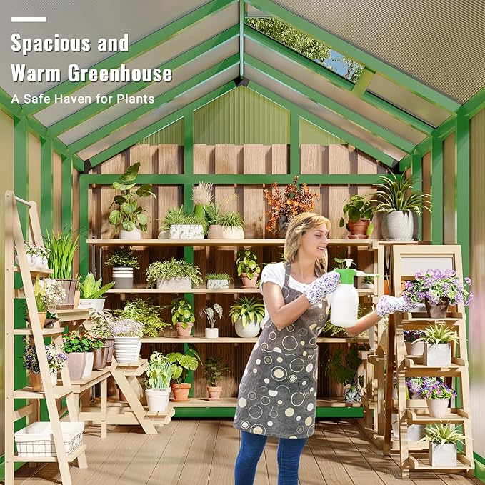 Greenhouse, 6x8 Ft Outdoor Greenhouses, Accessible Green House with Roof Vents and Sliding Doors, Aluminum Frame Polycarbonate Greenhouses, Large Greenhouse for Outdoor Gardens and Backyards, Green