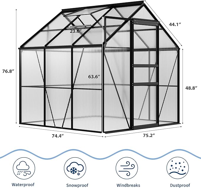 Garvee 6 x 6 FT Outdoor Greenhouse, Polycarbonate Greenhouses with Aluminum Frame, Sliding Door, Adjustable Roof Vent for Backyard, Green Houses for Outside Garden Backyard, Patio, Black