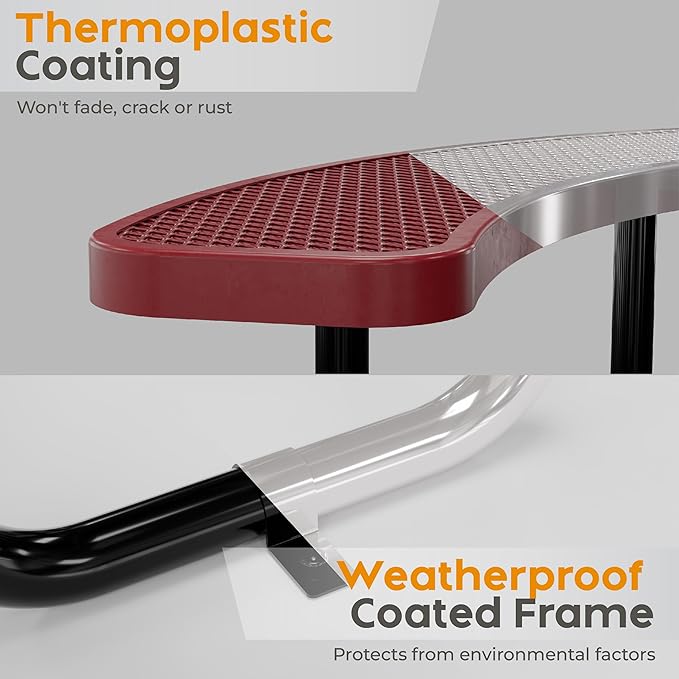 Metal Picnic Tables for Outdoors with Umbrella Hole - Coated Steel Heavy Duty Commercial Grade Furniture Set with Adjustable Seats (Red, 38 in, Round, Expanded Steel)