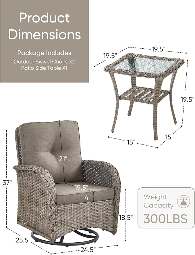 HUMMUH 3 Piece Outdoor Rocking Chairs Bistro Set-All Weather Wicker Outdoor Swivel Chairs Set of 2 with Side Table Small Patio Furniture Set for Deck Lawn Porch Balcony Poolside-Grey/Grey
