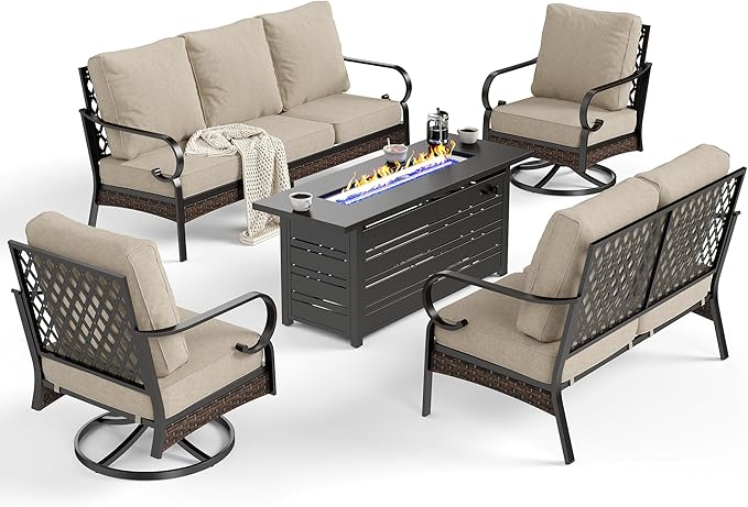 SUNSHINE VALLEY 5 Piece Metal Outdoor Patio Furniture Sets with Firepit Table, Patio Conversation Sets 1 3-Seater Sofa, 1 2-Seater Loveseat, 2 Swivel Sofa with 5.75" Cushion for Backyard Deck, Beige