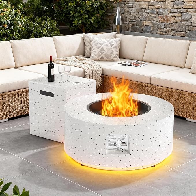 Dineli 2-Piece Outdoor Propane Fire Pit Table Set w Tank Table 30'' Round Fire Pit Table 2-in-1 Firepit Table for Outside Patio Gas Fire Pit w LED, 50,000 BTU, Speckled White with Warmlight