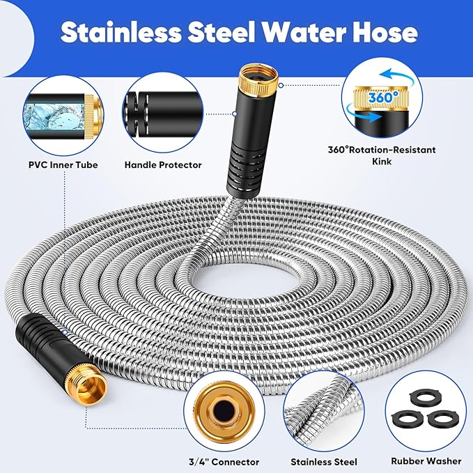 Garden Hose 25ft, Stainless Steel Metal Water Hose with 10 Function Nozzle, Lightweight Hose, No Kink, Leak-proof, Puncture Resistant for Yard, Outdoor, RV