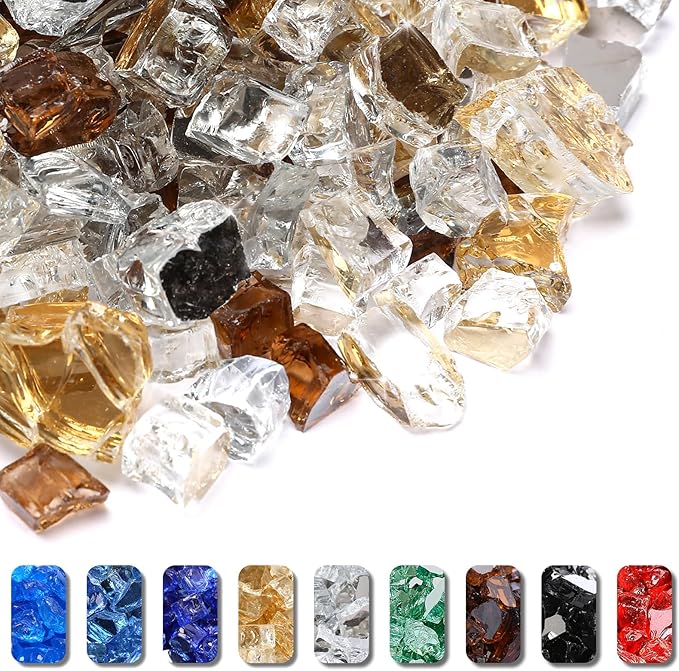 GRISUN 20 Pounds Fire Glass for Fire Pit - 1/2 inch High Luster Reflective Tempered Glass Rocks, Decorative for Natural or Propane Fireplace, Blend of Gold, Platinum and Copper