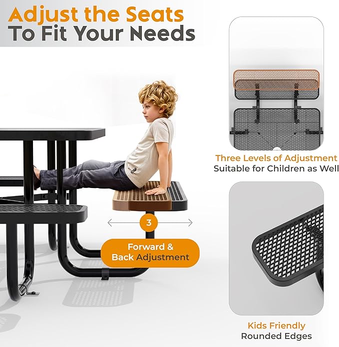 Metal Picnic Tables for Outdoors with Umbrella Hole - Coated Steel Heavy Duty Commercial Grade Furniture with Adjustable Seats (Black, 38 in, Square)