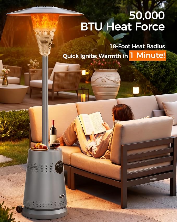 50,000 BTU Patio Heater for Outdoor Use, Portable Propane Patio Heater with Wheels, Stainless Steel Burner for Porch Deck Garden (Basic Grey)