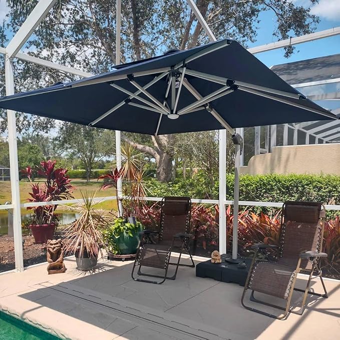 PURPLE LEAF 9' X 12' Double Top Deluxe Solar Powered LED Rectangle Patio Umbrella Offset Hanging Umbrella Outdoor Market Umbrella Garden Umbrella,Navy Blue