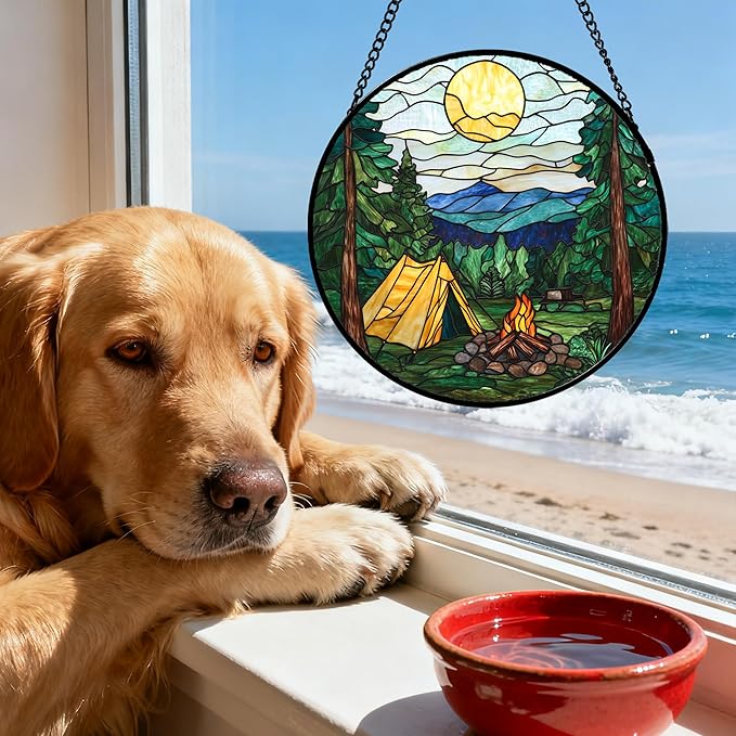 QZQCBLC Stained Glass Window Hanging Yellow Tent Forest Scenery 6.3" - Sunset Suncatcher Door Garden Sun Catcher Home Decor Birthday Christmas for Mom Men Woman Nana Friend