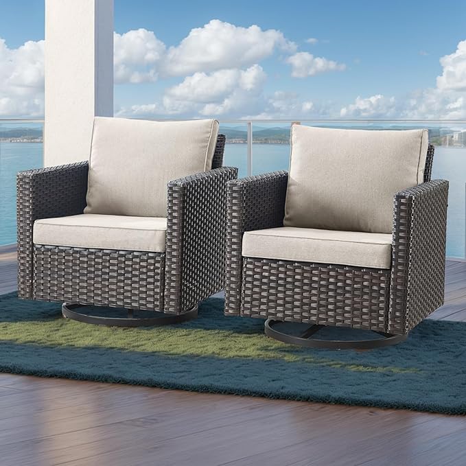 HUMMUH 3-Piece Patio Swivel Chairs,PE Wicker Outdoor Rocking Chairs Bistro Set with Side Table Porch Balcony Furniture with Cushions
