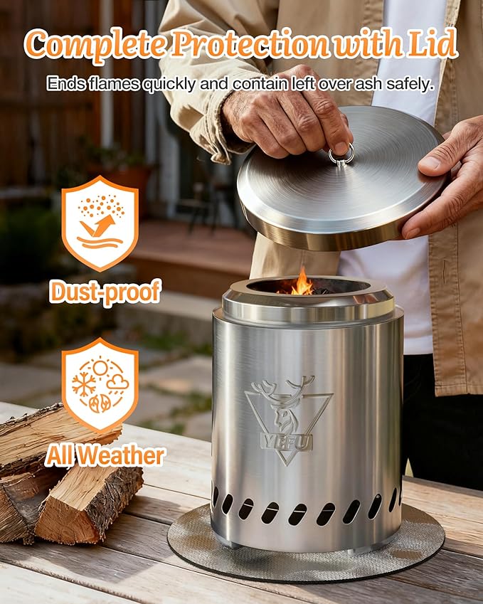 YEFU Tabletop Fire Pit Portable: Low Smoke Stove for Outdoor & Patio - Safe Burning Table Top Firepit Fueled by Pellets & Wood - with Travel Bag & 2 Mini Sticks & Fireproof Mat & Rack(7.5 x 5.5 in)