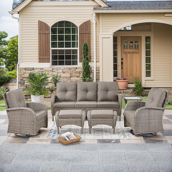 HUMMUH 6 Pieces Outdoor Patio Furniture-PE Rattan Wicker Sofa with Patio Swivel Rocking Chairs Patio Furniture for Deck Lawn Porch Balcony Poolside-Grey/Grey