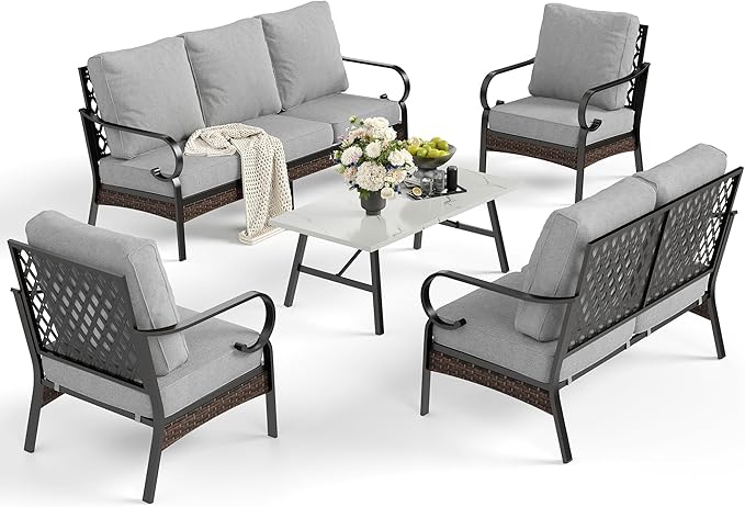 SUNSHINE VALLEY 5 Piece Metal Outdoor Patio Furniture Set, Patio Conversation Sets 1 3-Seater Sofa, 2-Seater Sofa, 2 Fixed Sofa with 5.75" Cushion & Coffee Table Black Backyard Furniture, Light Gray