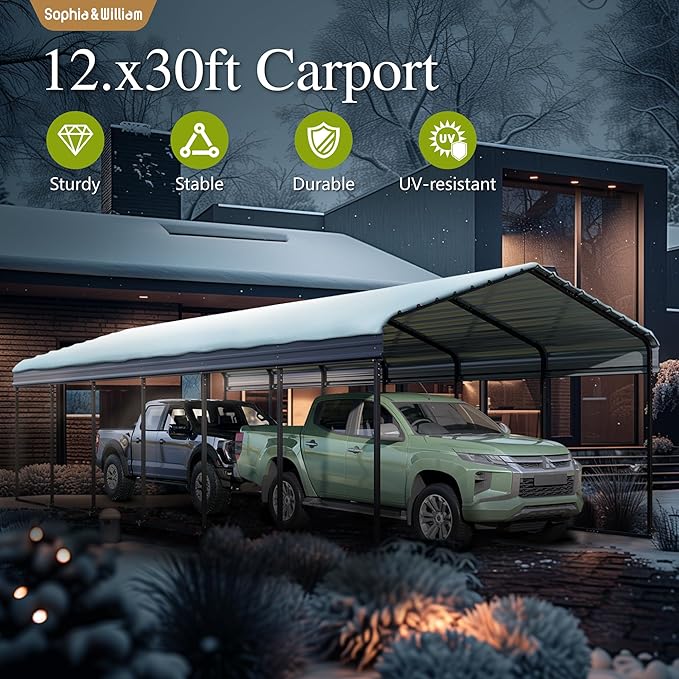 Sophia & William 12x30FT Heavy-Duty Metal Carport, All-Weather Shelter for Cars, Boats & Outdoor Gear (Galvanized Steel Roof), Dark Grey
