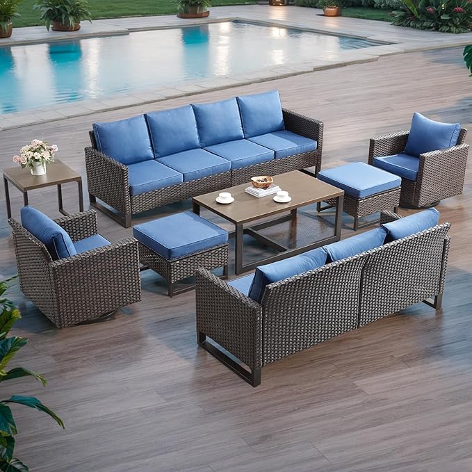 HUMMUH 9 Piece Patio Furniture Set Outdoor Sectional Sofa,High Back Patio Swivel Rocker Chairs with Ottomans Coffee Table for Porch,Garden,Backyard(Brown/Blue)
