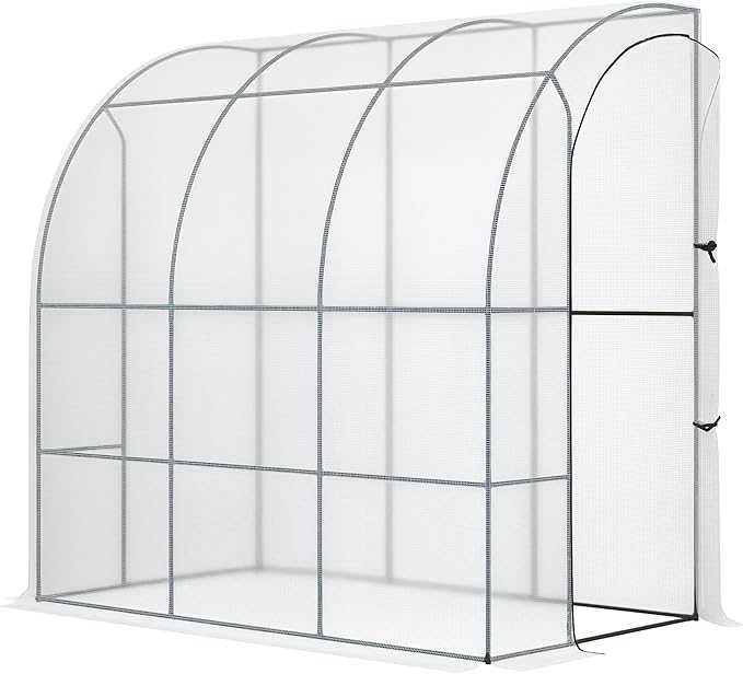 Outsunny 7' x 4' x 7' Outdoor Lean to Greenhouse, Walk-in Green House Plant Nursery with Roll-up Window, PE Cover, White