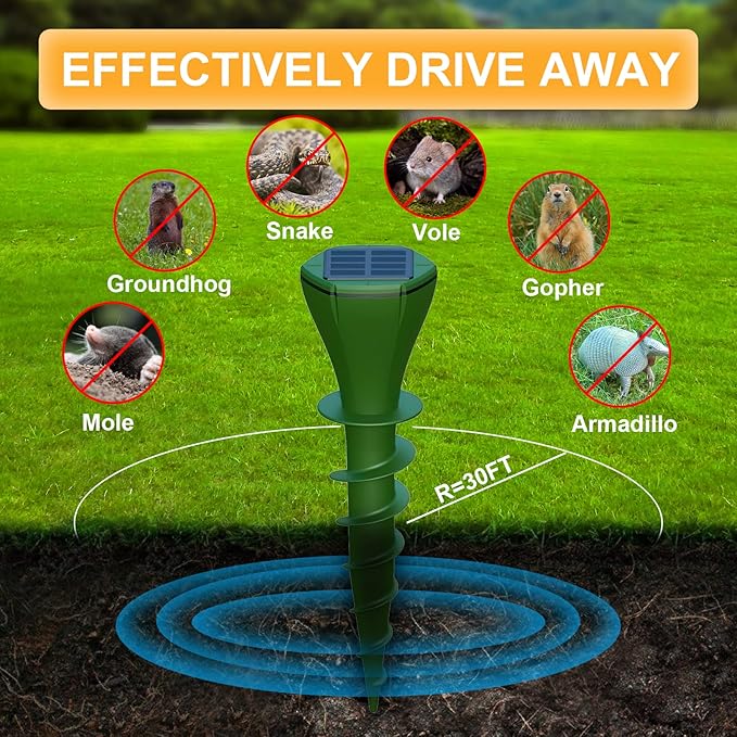 Mole Repeller Solar Ultrasonic 4 Pack, IP65 Waterproof Tested Champion Against Moles and Snakes in Gardens Animal-Friendly Rodent Repeller Keeps Snakes Out of Your Yard